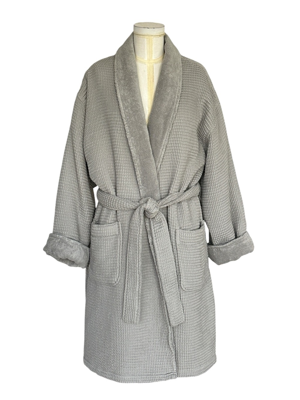Hotel Collection Macy’s Cotton Waffle Textured Bath Robe Alloy Gray Sz Large/XL